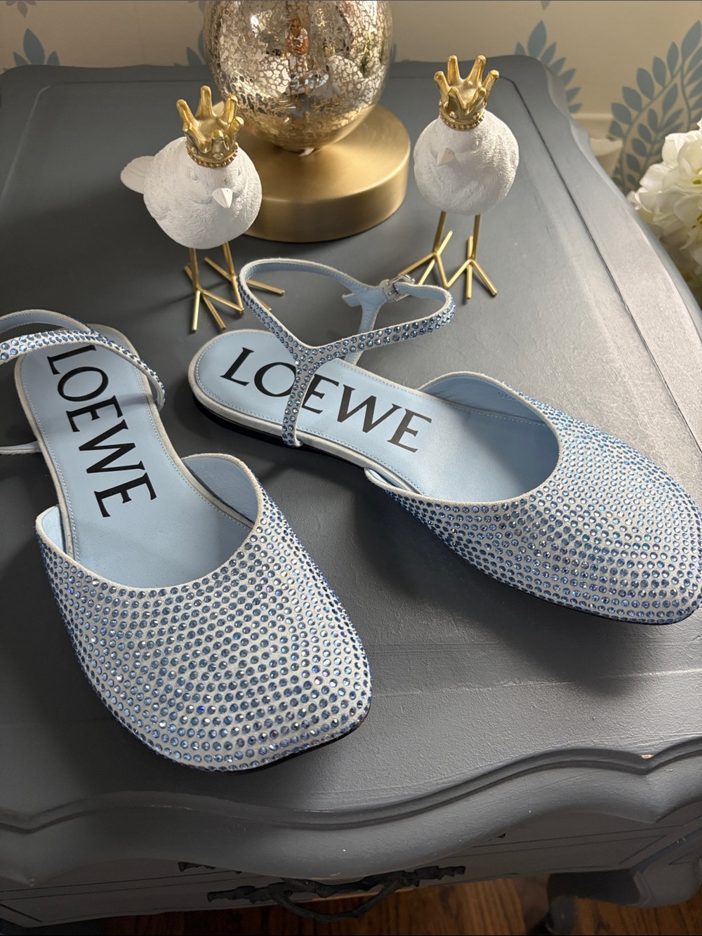 Loewe Blue Crystal-Embellished Sling Mules flat shoes size 40